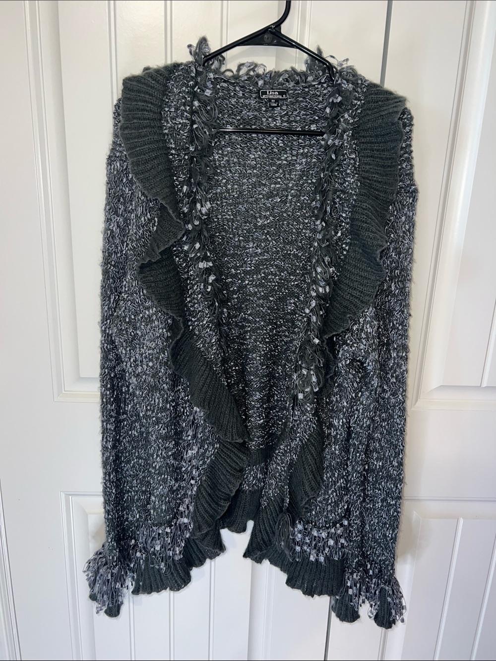 Lisa International Marled Gray Ruffle & Fringe Trim Open Cardigan 90s Y2K in 2X